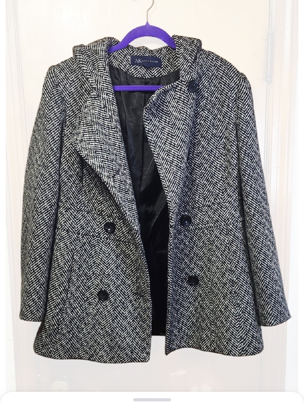 Anne Klein Black and White Herringbone Pea Coat with Hood